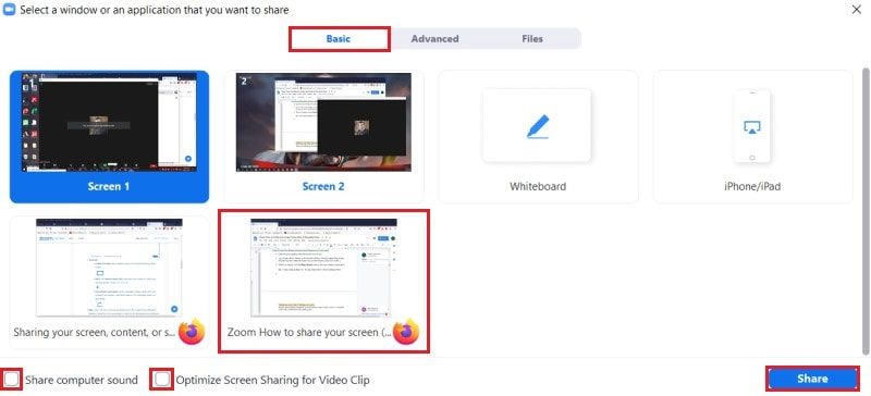 Basic screen sharing options on Zoom desktop app