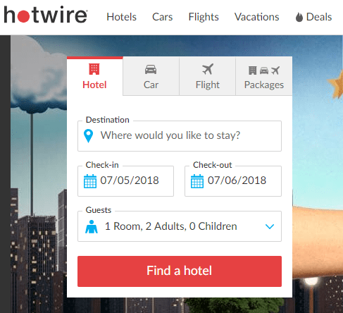 A screenshot of the Hotwire homepage