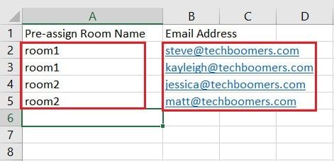 Sample of a properly-formatted breakout room CSV file