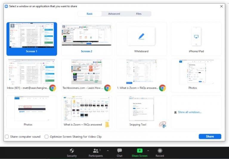 Screen sharing window selection screen