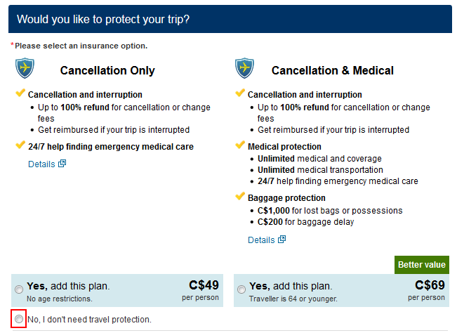 Option to add travel insurance
