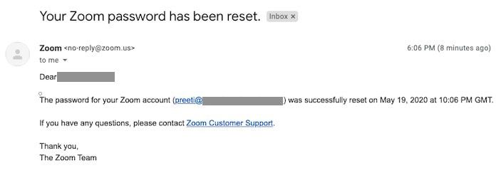Email confirming that Zoom password has been reset