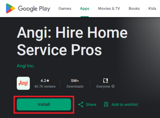 Button to install the Angi app for Android