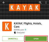 Tap open to launch the Kayak app.