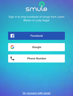 Smule sign up screen