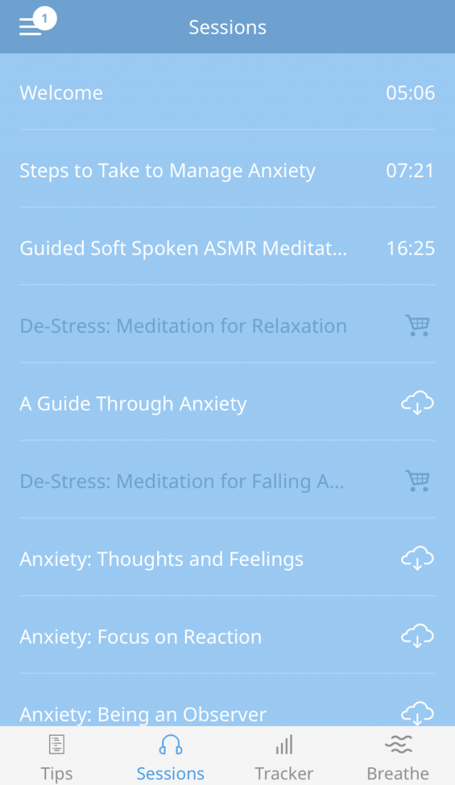 Anxiety Reliever audio sessions screen