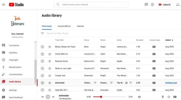 The Audio Library in the YouTube Creator Studio