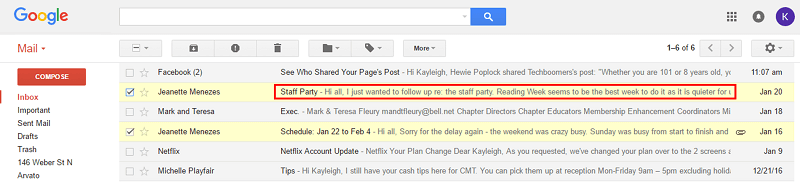 Gmail subject and preview of email