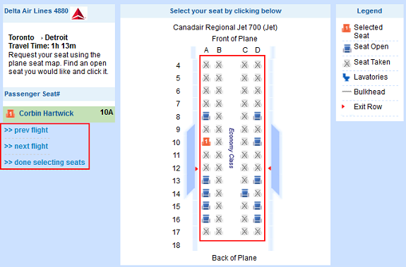 Flight seat options screen