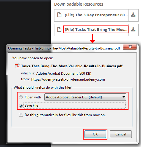 The prompts for downloading additional materials from a Udemy lecture