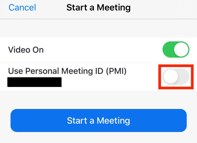 Off toggle next to Use Personal Meeting ID