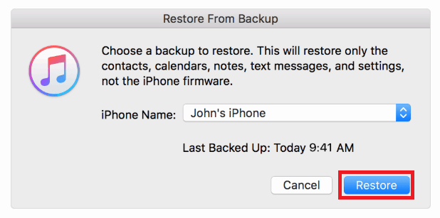 Choose an iTunes backup to restore phone data with