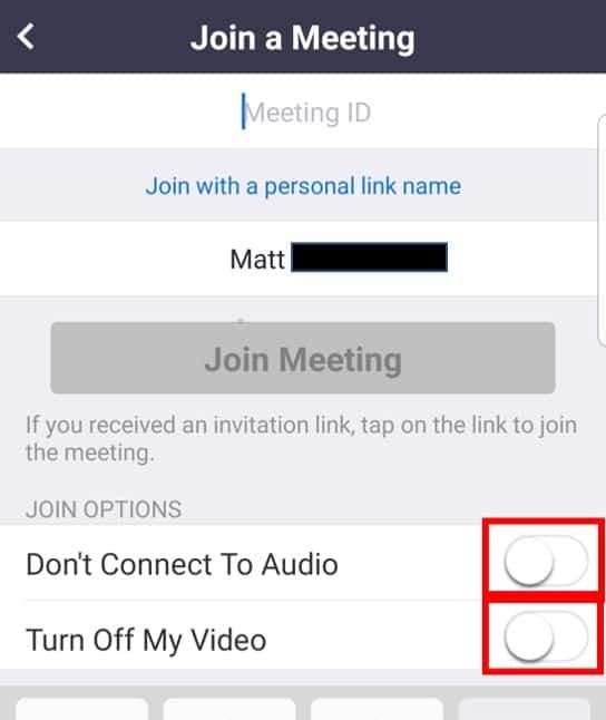 Join a Meeting page with Don't Connect To Audio and Turn Off My Video toggles