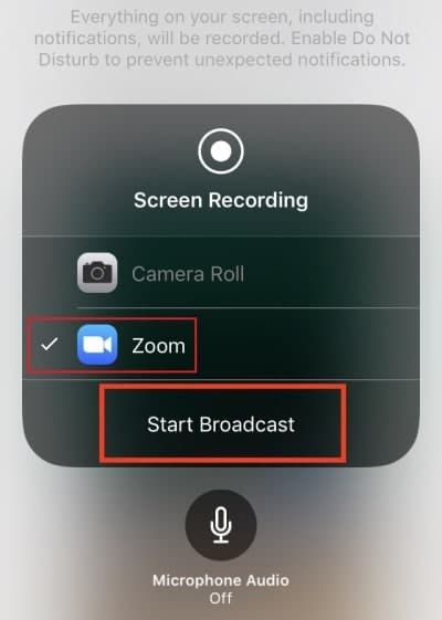 Starting a screen recording broadcast to Zoom on iOS