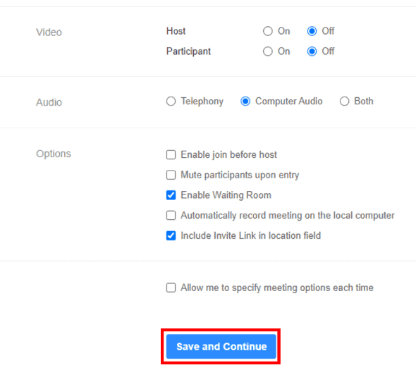 Zoom Scheduler meeting schedule options screen with Save and Continue highlighted