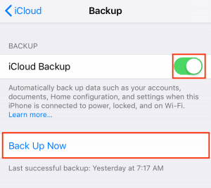 Turn on iCloud Backup and back up now