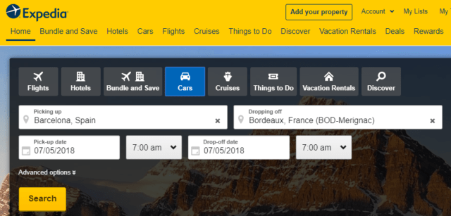 Screenshot of Expedia home page