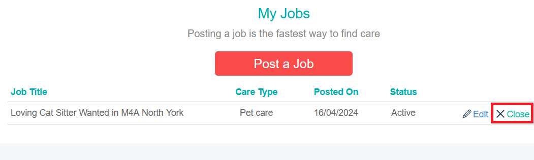 Close an active job on Care.com