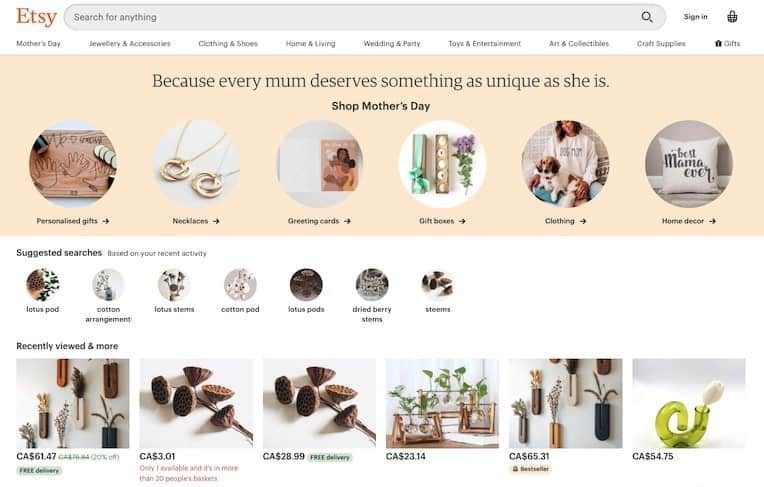 Etsy homepage