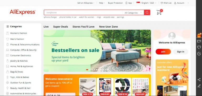 AliExpress Singapore homepage