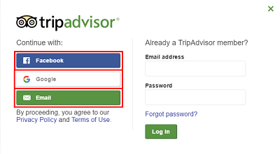 Choose how you would like to join TripAdvisor, from Google, Facebook, or by email