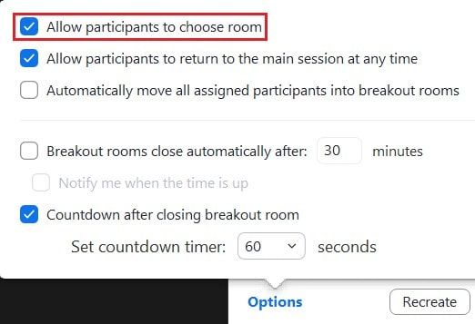 Enabling or disabling the option for participants to join their own breakout rooms