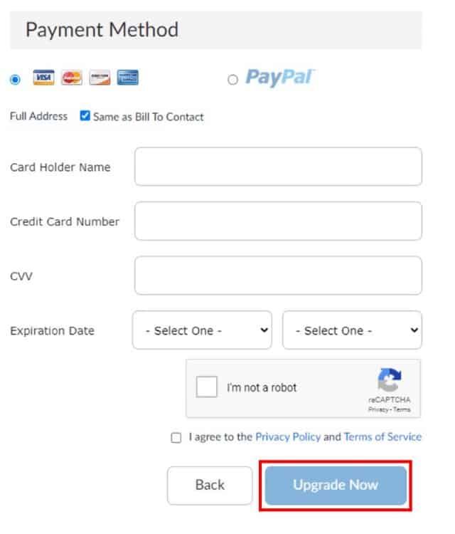 Checkout payment method with Upgrade Now