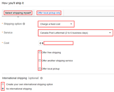 Shipping options form