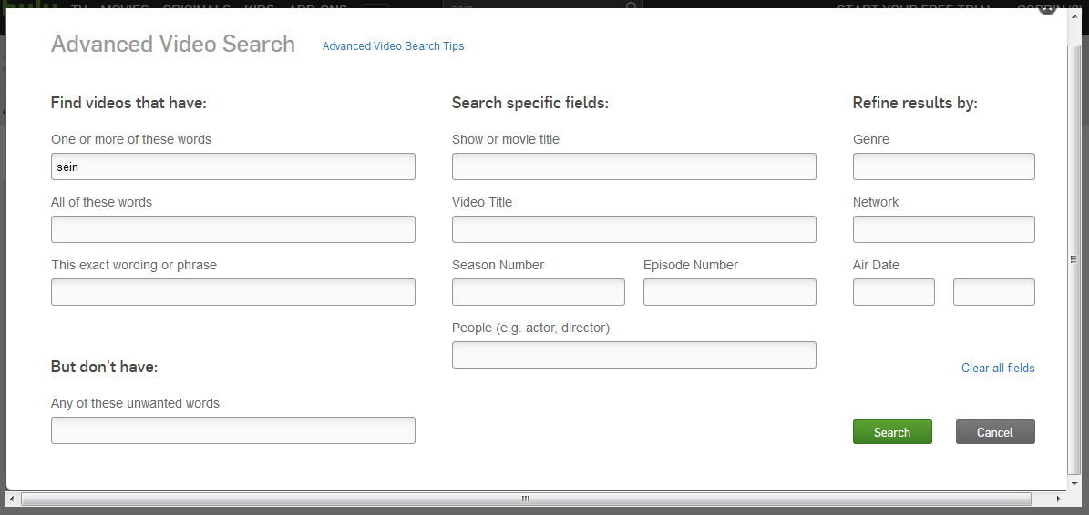 Hulu advanced search options popup