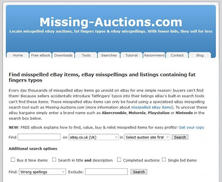 Screenshot of the website Missing-Auctions.com