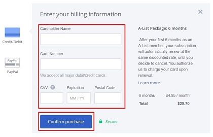 Enter your billing information to pay for OkCupid services