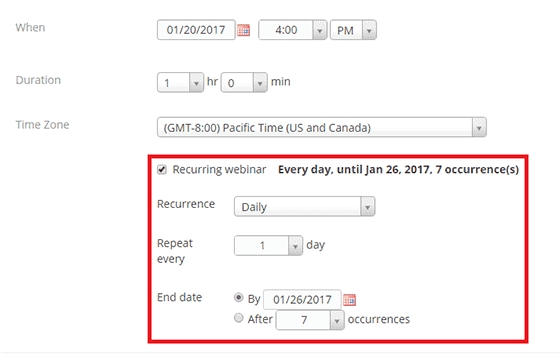 Recurring webinar settings