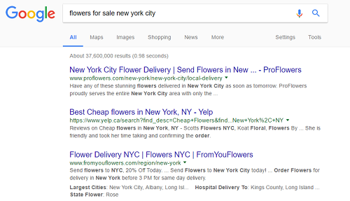 Google search results for flower sales in New York City