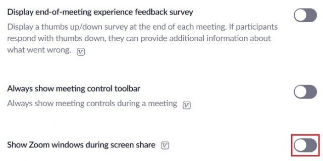 Toggle to enable showing Zoom window during screen share