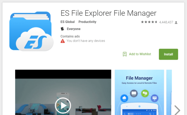 ES File Explorer app on the Google Play store