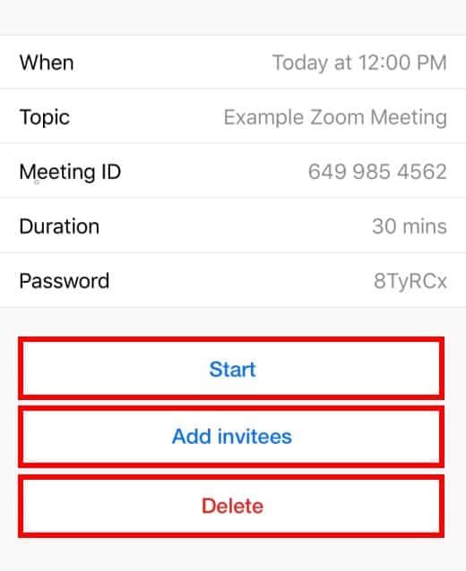 iOS scheduled meeting actions