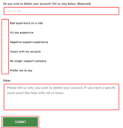 Submit request to delete account to Uber