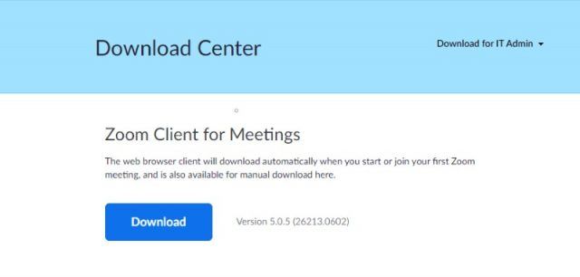 Download Center screen with desktop client for Meetings download button