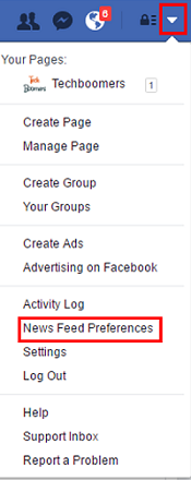 News Feed preferences menu