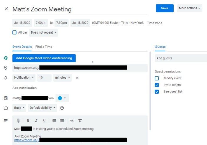 Google Calendar event scheduling options