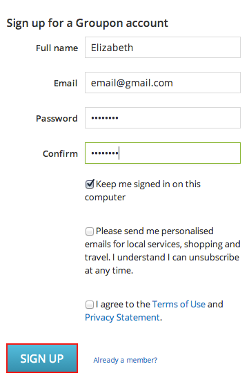 Signing up for a Groupon account