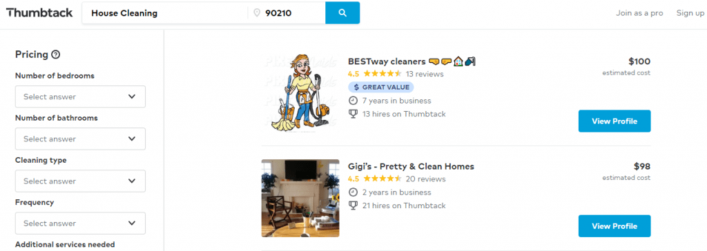 Examples of services advertised on Thumbtack