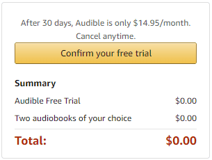 Confirmation button for getting a free trial of Audible.com