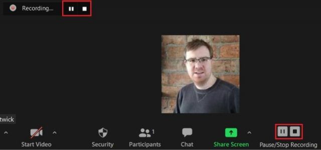 Buttons for pausing or stopping a Zoom recording