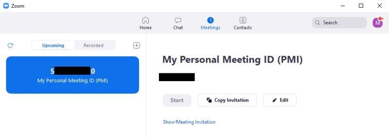 Personal meeting ID for user displayed