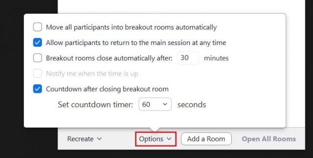 Host options for breakout rooms