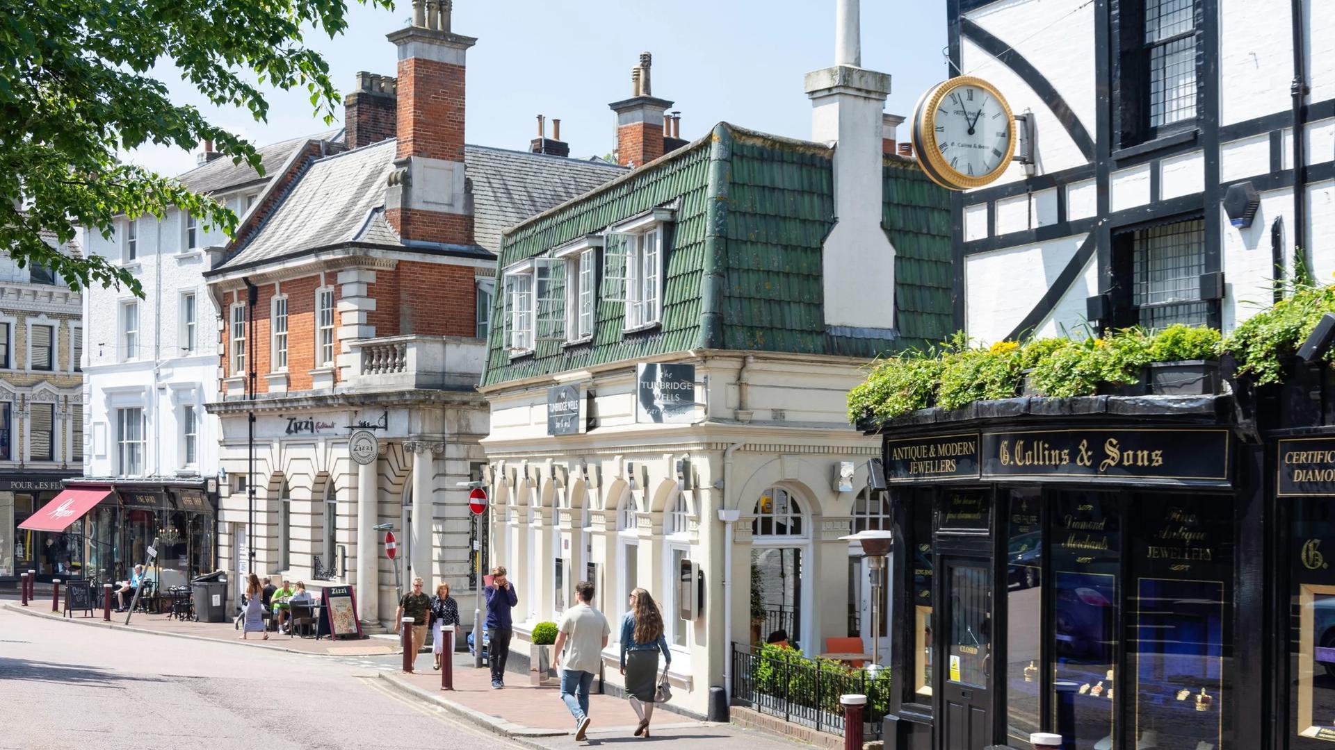 Tunbridge Wells High Street in spring sunlight