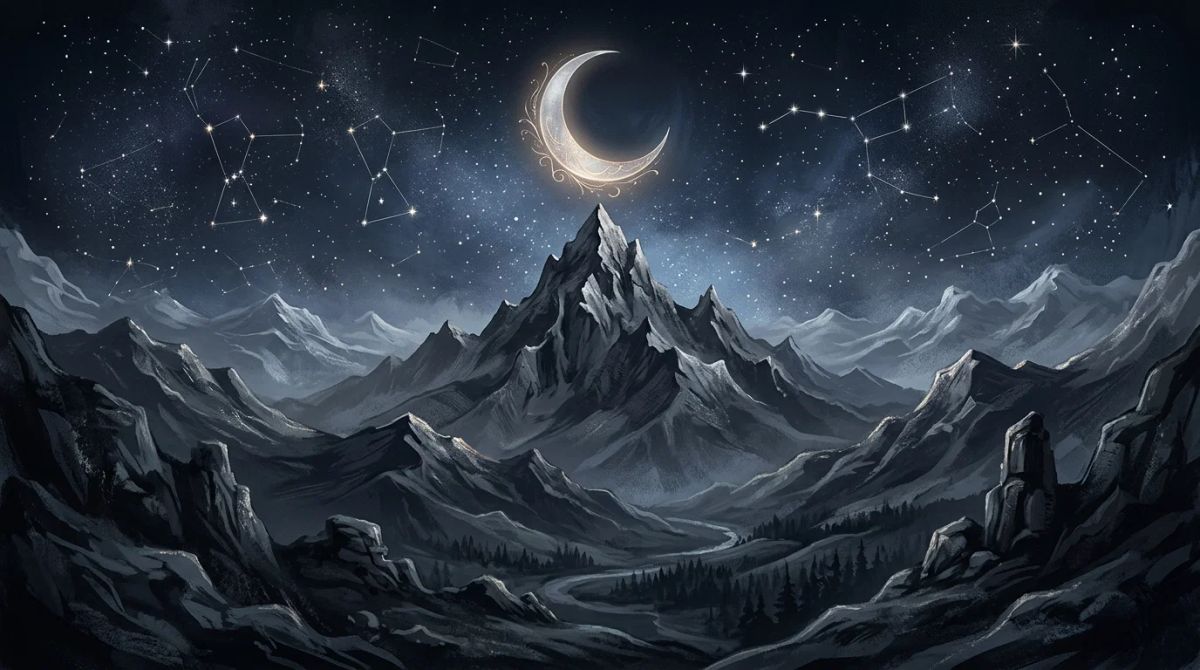 A crescent moon over a mountain peak representing the Capricorn moon sign.