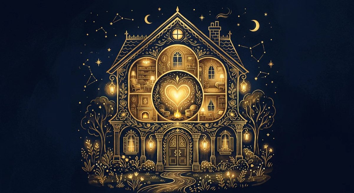 Illustration of a house with a lit interior, soft inner rooms, and a decorated front door, representing the sun, moon, and rising signs.