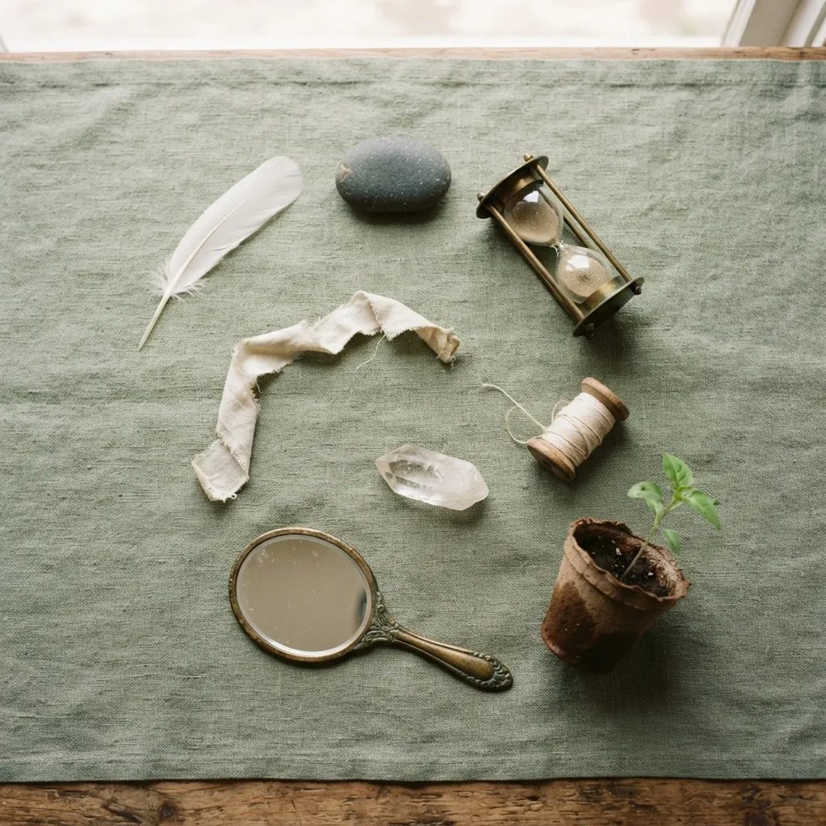 Seven natural objects arranged in a spiral on linen represent the seven-day Virgo reset journey.